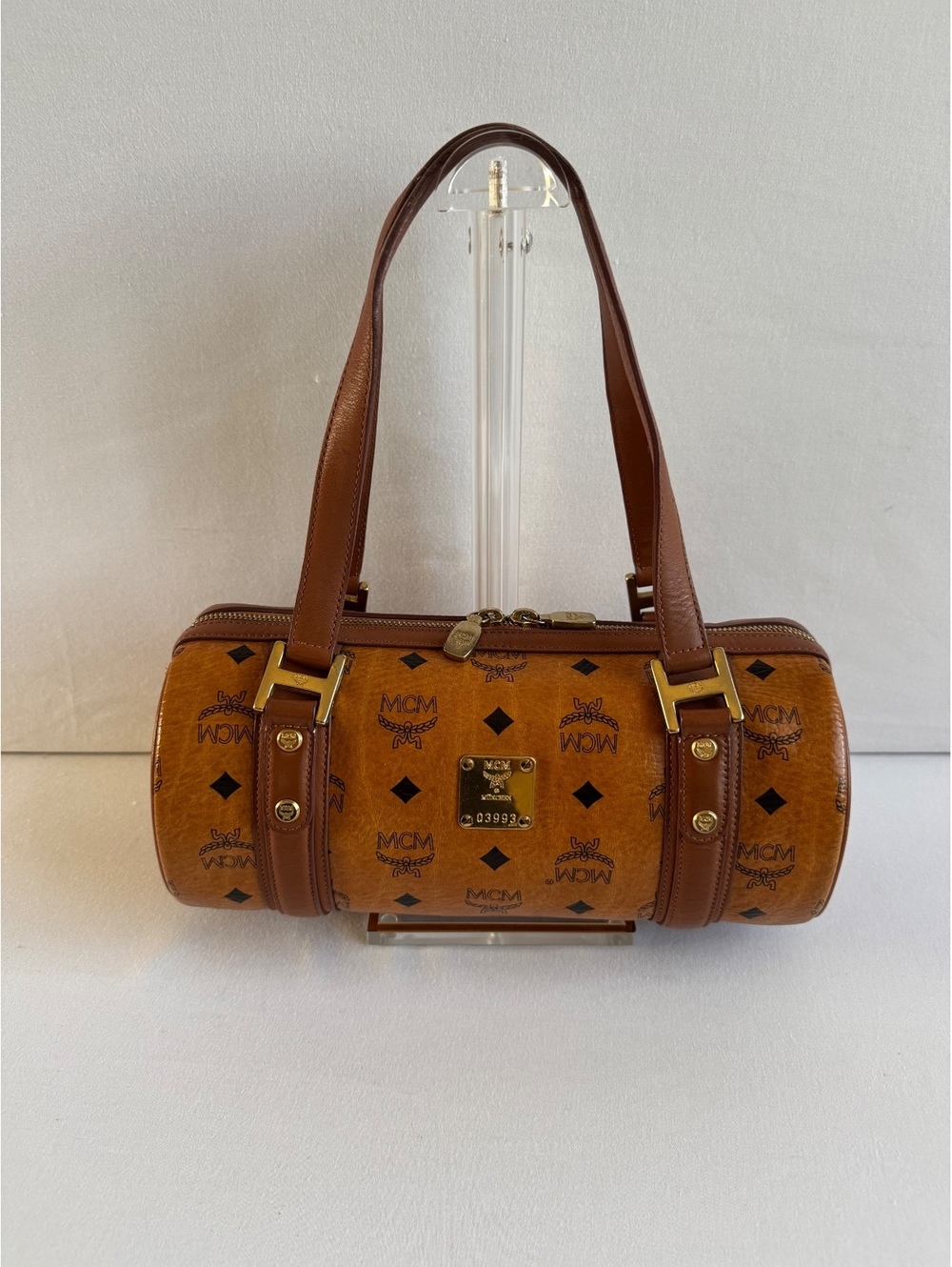 Authentic Vintage MCM Visetos Barrel Bag Cognac Monogram Leather Korea COA